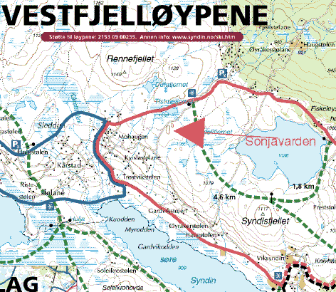 Utsnitt av Vestfjelløypenes løypekart med Sonjavarden